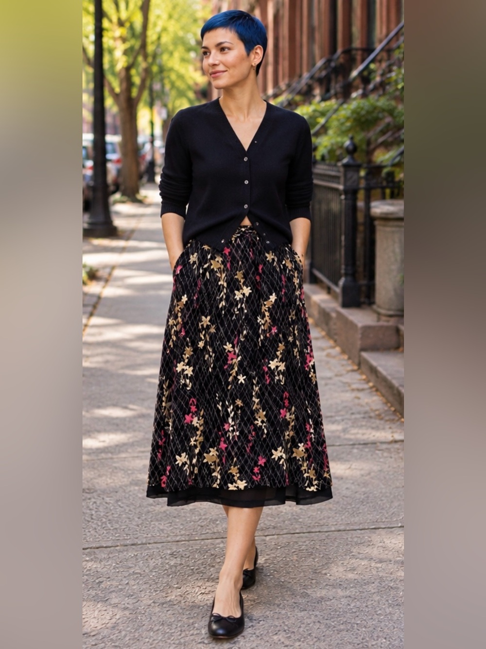Vintage Sigrid Olsen Sport Floral Midi Skirt Black Pink Y2K